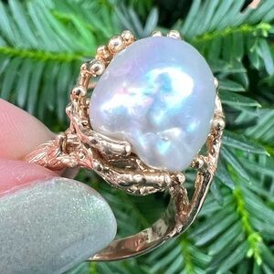 ANTIQUE VINTAGE 14K YELLOW GOLD BAROQUE PEARL RING HEAVY BRUTALIST SETTING